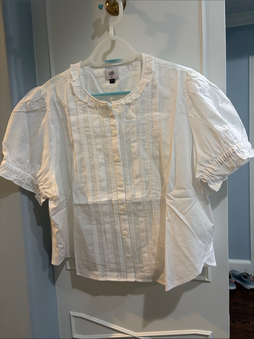 CAbi White Pintuck Button-Front Puff Sleeve Lotus Blouse Style 6886 XL